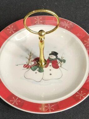 Vintage Royal Seasons Snowman Christmas Handled Tiered Serving Tray Dish 1994